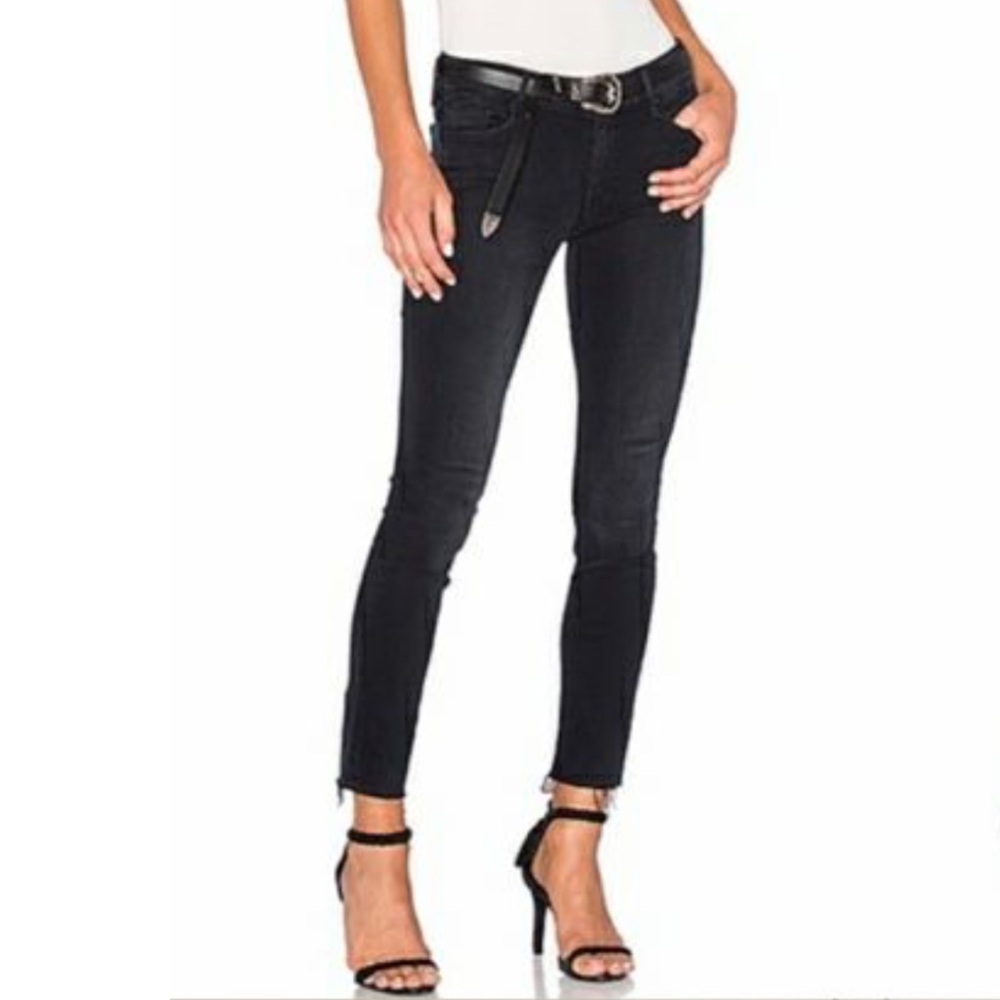 Mother Looker jeans ankle fray blackbird dark denim distressed black 25